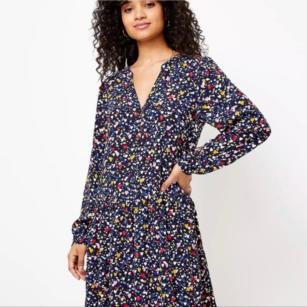 Loft Heart Button Ruffle V-Neck Long Sleeve Tiered Dress
